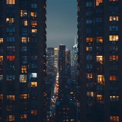 Illuminated Windows in a Shadowy City Skyline Showcase Urban Solitude and Darkness