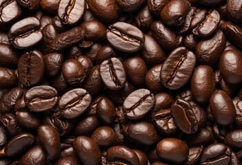 Fototapeta premium Top view of coffee beans isolated on white background. Perfect for coffee shop displays, food photography, or illustrating coffee-related articles. Rich aroma and texture for enticing visuals.