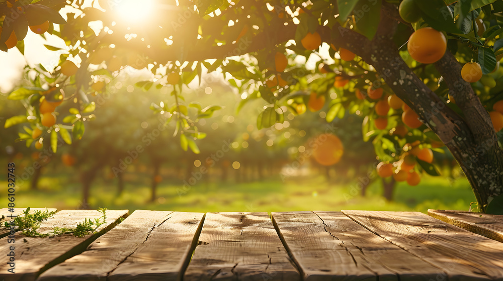 Poster tree table wood podium in farm display for food perfume and other products on nature background tabl