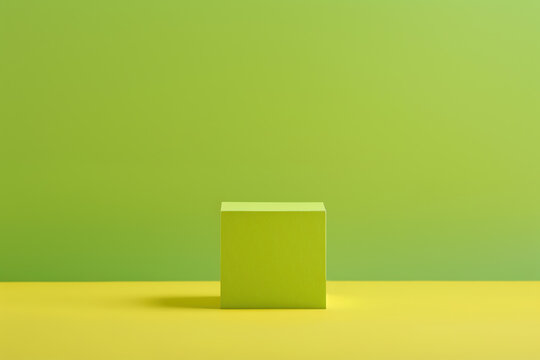Lime green cube standing on yellow surface with matching background