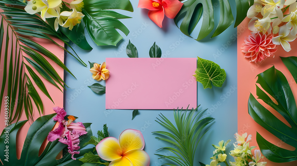 Poster creative layout made of flowers and leaves with paper card note flat lay nature concept : generative