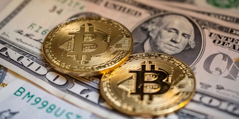 Bitcoin Cryptocurrency coins on South Korea Won and US Dollar currency banknotes close up image