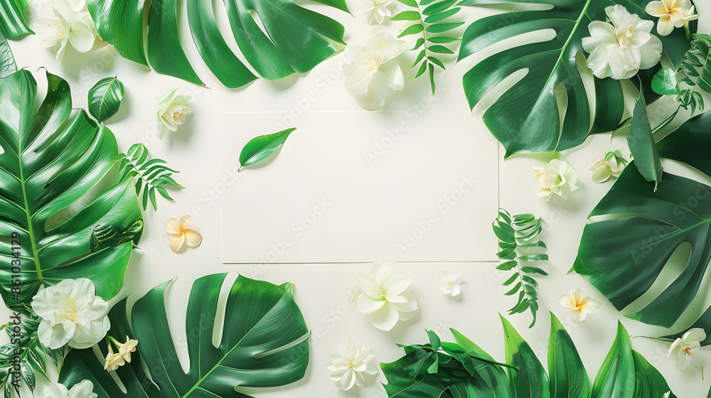 Poster creative layout made of flowers and leaves with paper card note flat lay nature concept : generative