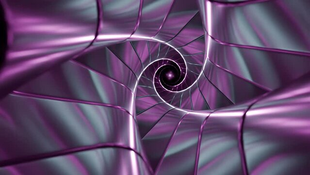 Swirling 3d tunnel with metallic purple shapes. Design. Abstract metal hypnotic labyrinth.
