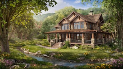 A breathtaking view of a gorgeous, rustic house nestled amongst the lush greenery of nature.