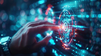 Innovative touch screen interface with holographic data visuals, showcasing futuristic technology and interactive user experience.