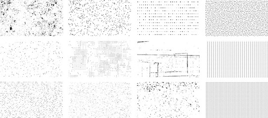Obraz premium Overlay textures set stamp with grunge effect. Old damage Dirty grainy and scratches. Set of different distressed black grain texture. Distress overlay vector textures. 