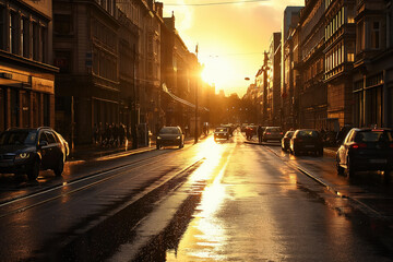 Sun shining on wet street with cars driving at sunset