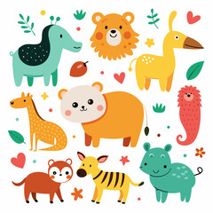 Cute Wild Animals in Standing position Vector Illustration.