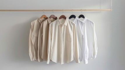 Fototapeta premium Minimalist wardrobe featuring neatly hung beige and white shirts on wooden hangers, showcasing simplicity and elegance.
