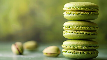 Pistachio macarons close up, focus on, copy space nutty and green, Double exposure silhouette with pistachios