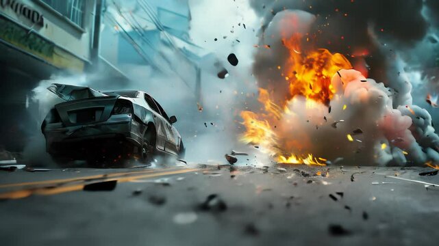 Explosive urban chaos with burning car and debris