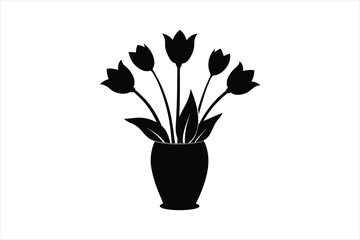  a black silhouette of tulip flowers with vase vector art illustration