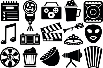 Entertainment related concept such as ilm reel, popcorn, movie ticket, theater mask, music note & many more, editable stroke outline icons isolated on white background flat vector illustr