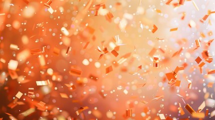 Festive scene of orange confetti falling with bokeh lights in the background, creating a celebratory and cheerful atmosphere.
