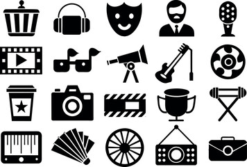 Entertainment related concept such as ilm reel, popcorn, movie ticket, theater mask, music note & many more, editable stroke outline icons isolated on white background flat vector illustr