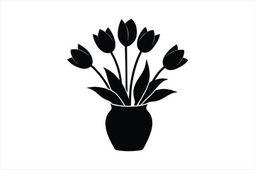  a black silhouette of tulip flowers with vase vector art illustration