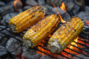 Grilled corn on the cob with char marks over hot coals. Represents barbecue, summer, and outdoor cooking.