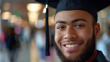 Fototapeta premium A proud graduate in cap and gown smiles at the camera, capturing the joy and accomplishment of graduation day.