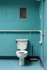 A toilet in the public bathroom, with an open lid and white porcelain bowl on top of it