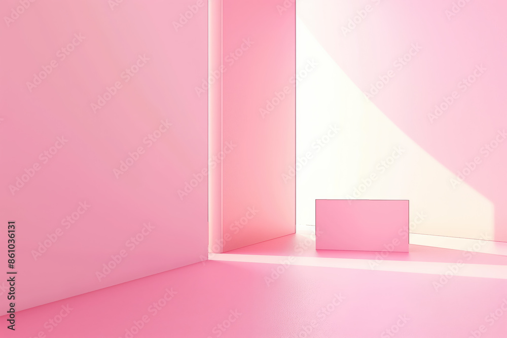 Poster empty rectangular podium on pink background with sunlight from window