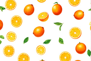 Seamless pattern with citrus fruits in sketch style. Hand drawn orange slices isolated on white background
