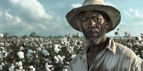 Sharecroppers in cotton field, harsh sunlight, weathered faces, simple clothing, vast plantation