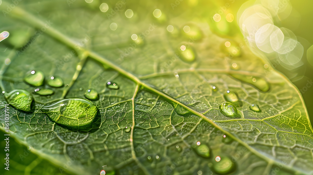 Poster large beautiful drops of transparent rain water on a green leaf macro drops of dew in the morning gl
