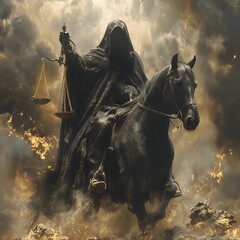 The Third of the Four Horsemen of the Apocalypse, Carrying Scales and Riding a Black Horse Symbolizing Famine. Bible illustration from the Book of Revelation