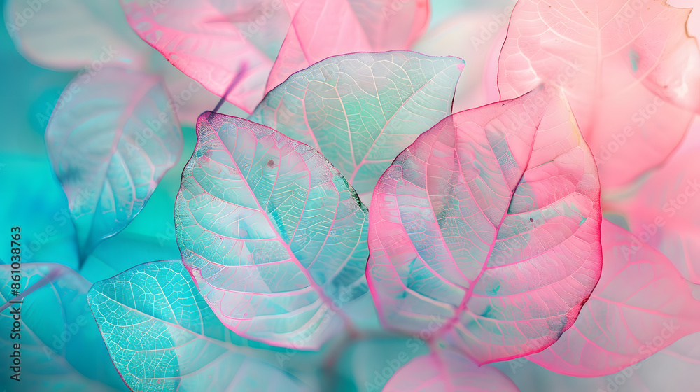 Aufkleber macro leaves background texture blue turquoise pink color transparent skeleton leaves bright express