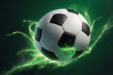 Fototapeta premium Close-up of soccer ball with black and white panels surrounded by green flame burst explosion