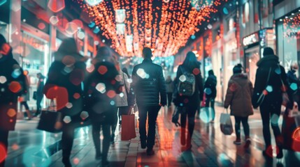 Crowded shopping mall during holiday season with festive lights and bokeh effects, capturing the bustling holiday spirit.