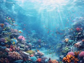 Naklejka premium Vibrant Coral Reef Ecosystem with Diverse Underwater Marine Life