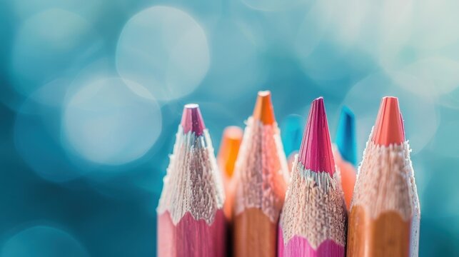 Close-up of colorful pencils with a blue bokeh background, highlighting their sharp tips and vibrant hues.