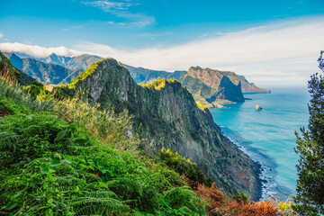Views from Cabo de Larano viewpoint and Vereda do Larano coastal hiking trail. Cliffs atlantic ocean and tropical mountains vegetation. Madeira island in Portugal © Zedspider