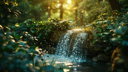 A small waterfall in a lush forest illuminated by sunlight, creating a serene and magical nature scene.