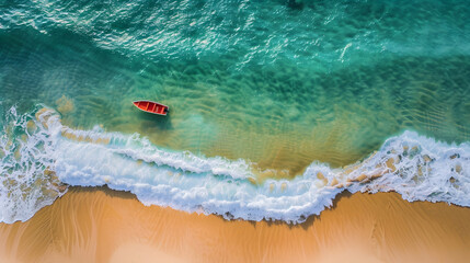 Fototapeta premium Wave and boat on the beach as a background Beautiful natural background at the summer time from air : Generative AI