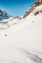 Alpine mountains landscape with white snow and blue sky. Sunset winter in nature. Frosty trees under warm sunlight. Wintry landscape. High tatras, Slovakia