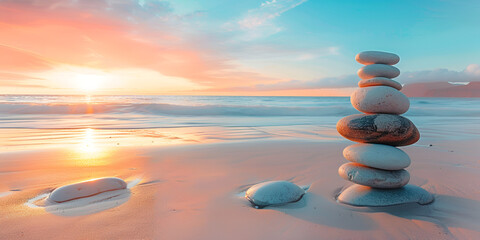 beach scene at sunset with a set of five stones arranged in a pyramid shape.