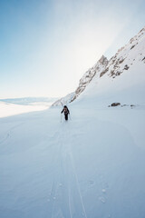 Mountaineer backcountry ski walking ski alpinist in the mountains. Ski touring in alpine landscape with snowy trees. Adventure winter sport. High tatras, Slovakia