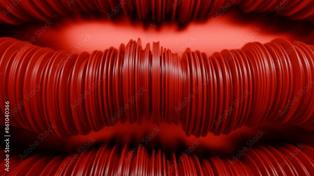 Poster abstract rows of red round discs slowly moving like snakes. design. 3d columns of flat round discs.
