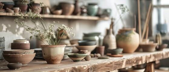 Handmade pottery in a cozy studio, with soft natural light, vintage, earthy tones, detailed photography