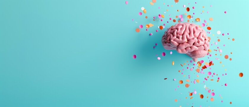 Creative brain exploding with colorful confetti on a vibrant blue background, symbolizing innovation and ideas.
