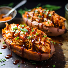 Pulled BBQ Chicken Stuffed in Sweet Potato with Scallions and Sauce Drizzle