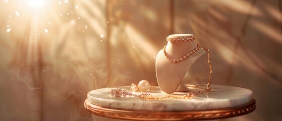 Jewelry on a marble pedestal, illuminated by soft gold lighting, vintage, warm tones, high-resolution photography