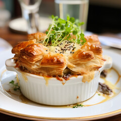 Homemade Chicken Pot Pie with Flaky Crust and Microgreens Garnish