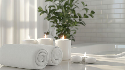 Fototapeta premium Candles and various spa products taken close-up, Flower pots and spa stones, cozy and emotional atmosphere