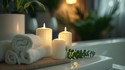 Candles and various spa products taken close-up, Flower pots and spa stones, cozy and emotional atmosphere