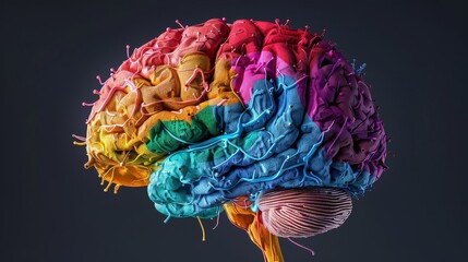 A 3D model of the brain with different regions highlighted in contrasting colors showcasing its complexity. (Depict brain function in a visually appealing way)