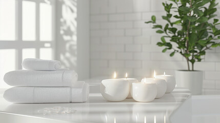 Candles and various spa products taken close-up, Flower pots and spa stones, cozy and emotional atmosphere